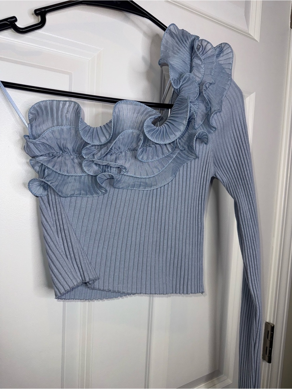 Zara Asymmetrical One-Shoulder Ruffle Ribbed Crop Top - Light Blue - Picture 3 of 5
